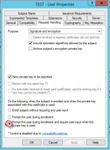 Certificate template settings for strong key protection